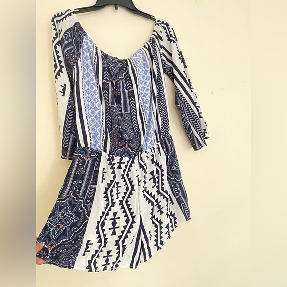 Boohoo Mix Patterned Abstract Off Shoulder Romper Playsuit Blue - Picture 3 of 10